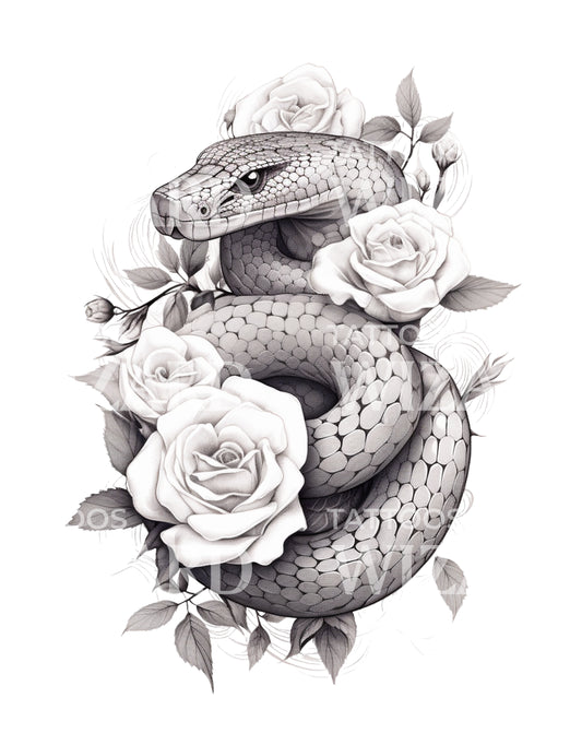 Snake with Roses Tattoo Design