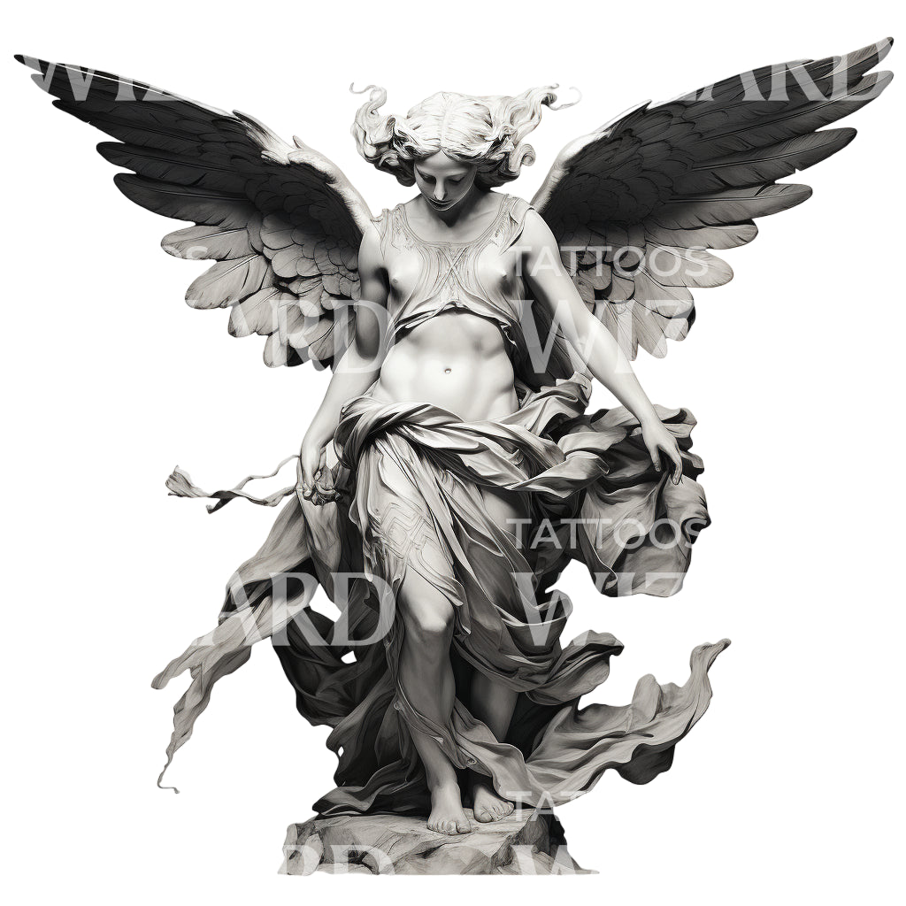 Black and Grey Angel Statue Tattoo Design