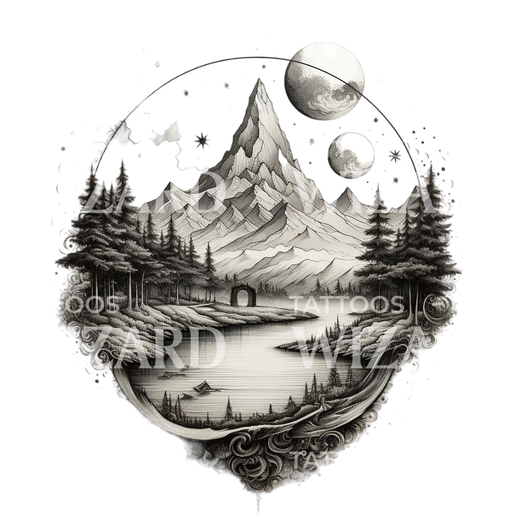 Dotwork Mountain Landscape Nature Tattoo Design