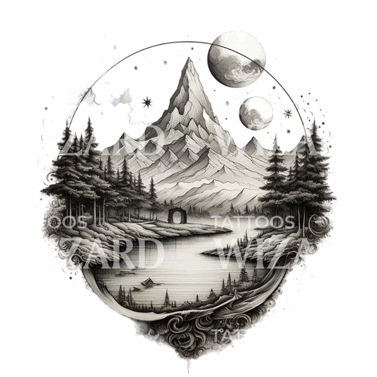 Dotwork Mountain Landscape Nature Tattoo Design