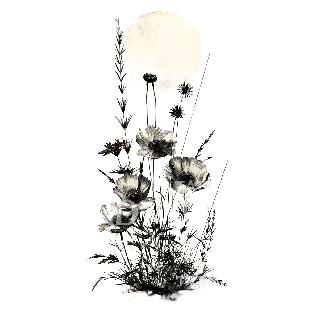 Minimalist Dark Wildflowers Tattoo Design