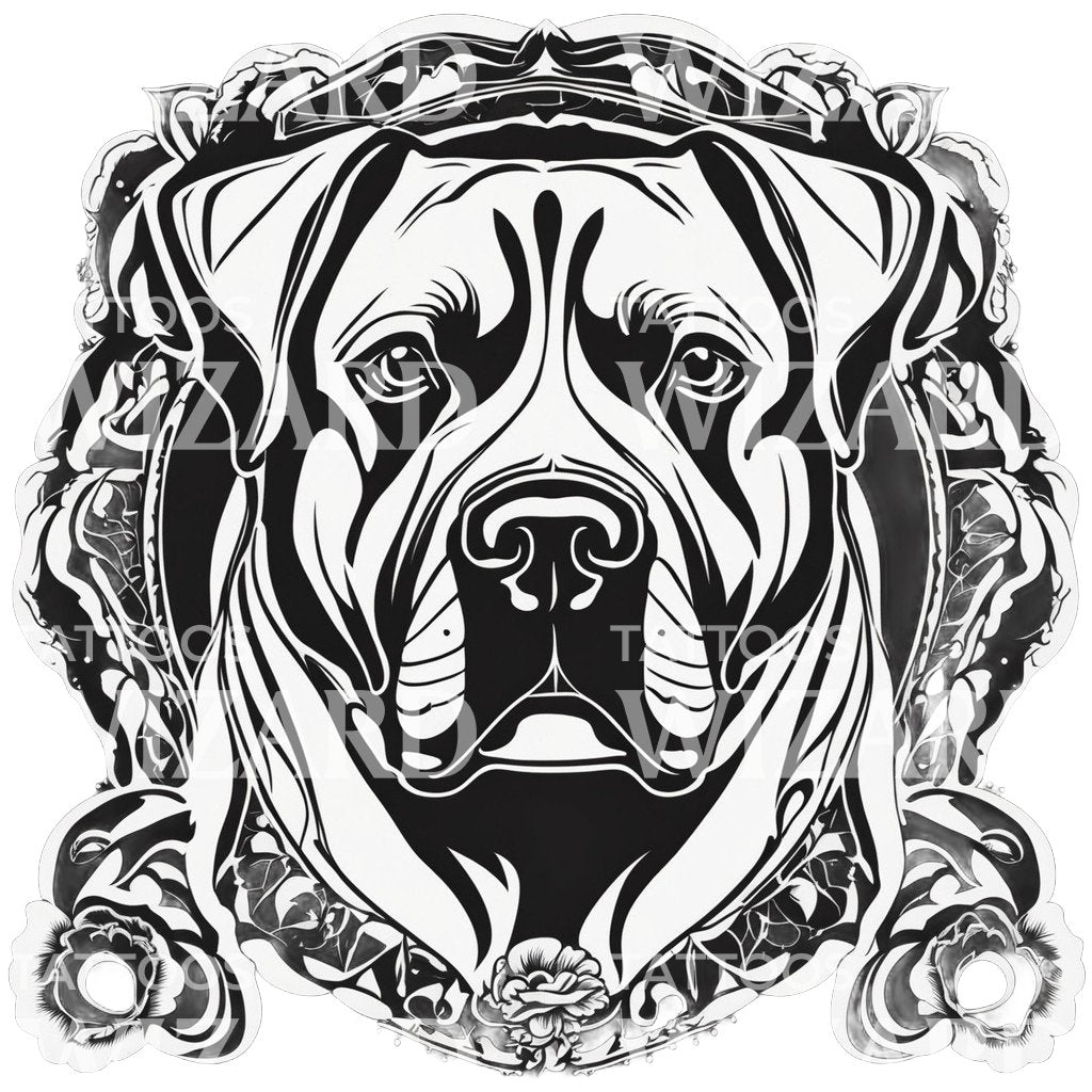 Rottweiler Dog Head with Floral Patterns Tattoo Design