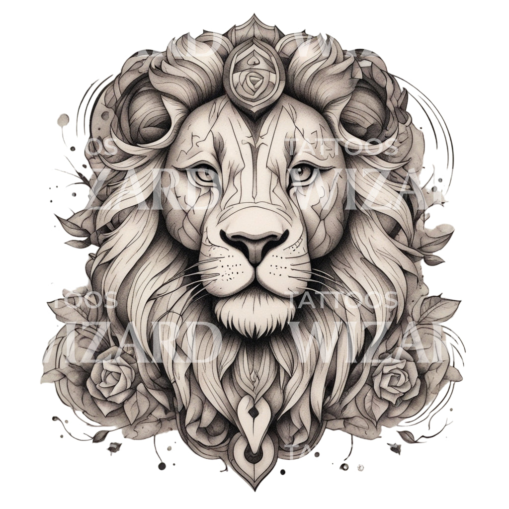 Lion with Floral Patterns Neotraditional Animal Circle Tattoo Design