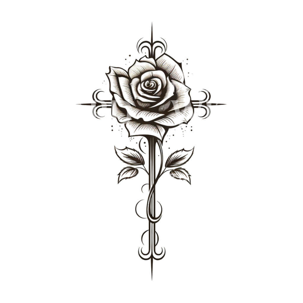 Black and Grey Cross with Rose Tattoo Design