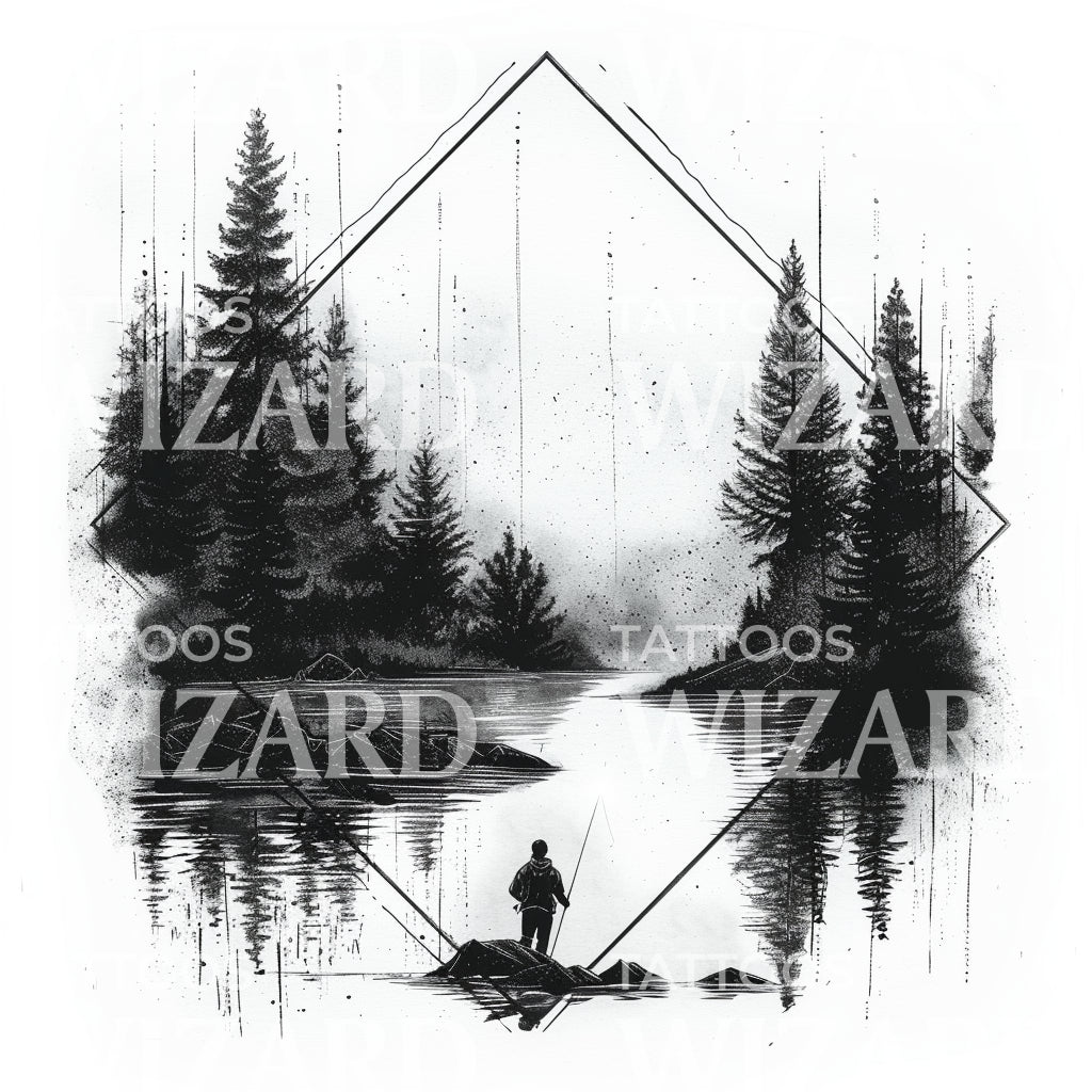 Man Fishing in the Lake Tattoo Design
