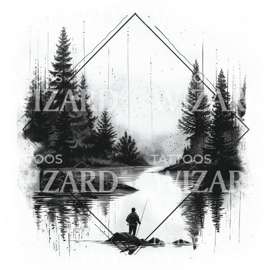 Man Fishing in the Lake Tattoo Design