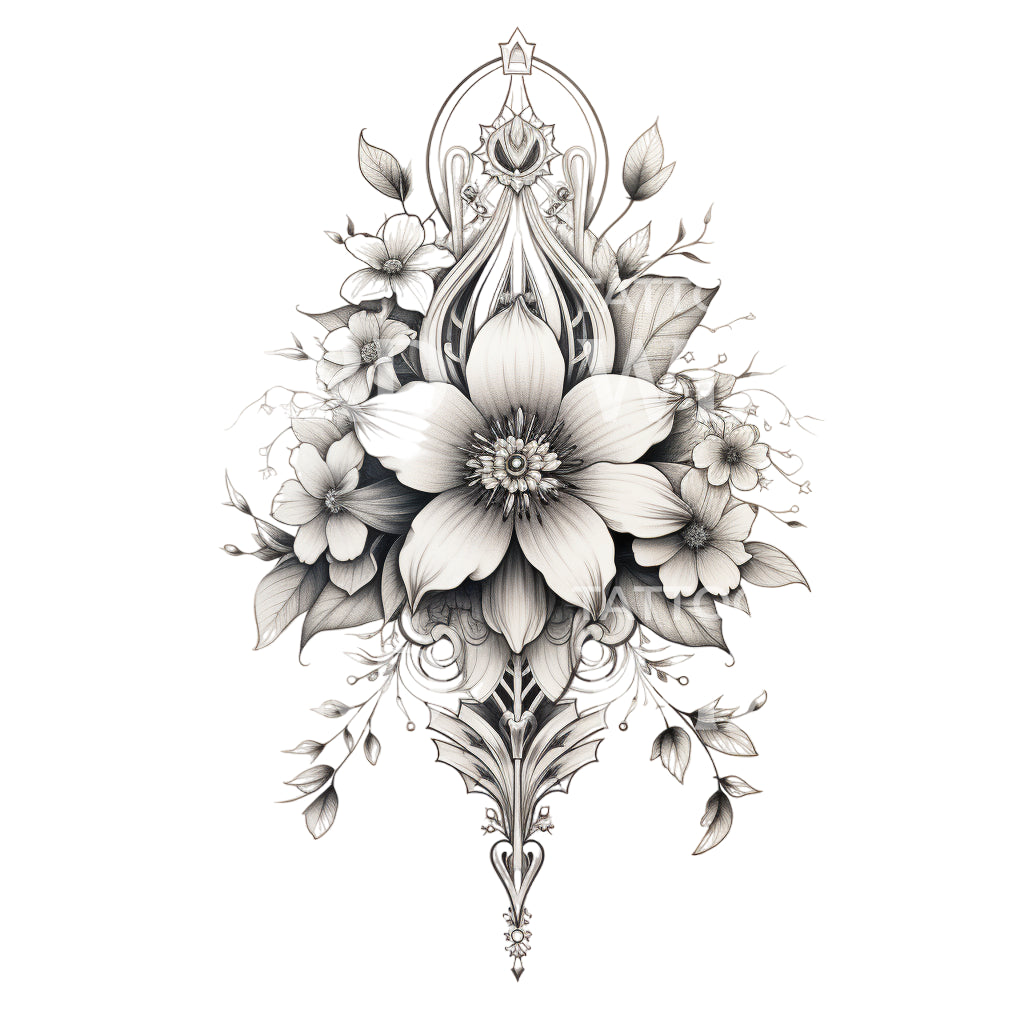 Black & Grey Flower Bouquet Tattoo Design