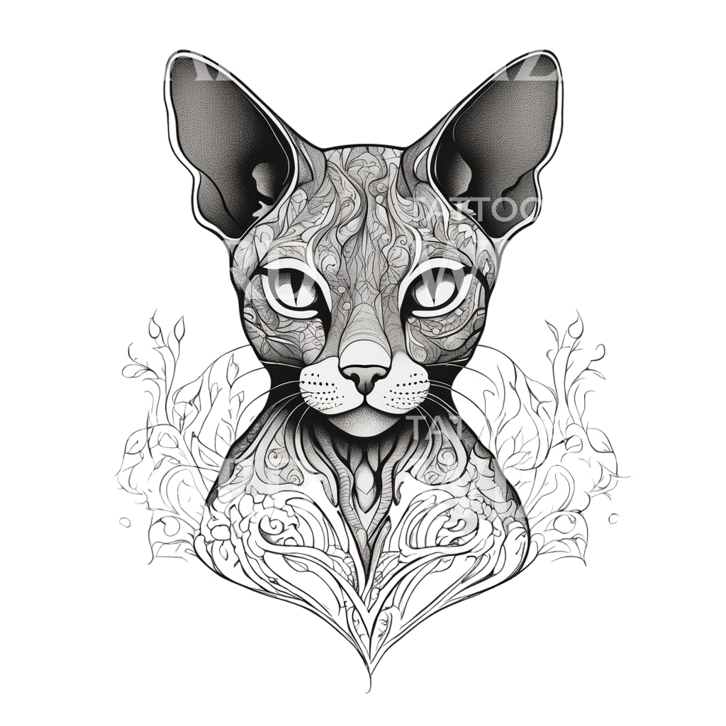 Devon Rex Cat with Patterns Tattoo Design