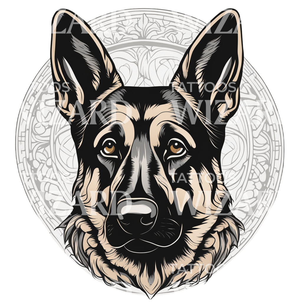 Desain Tato Kepala Anjing German Shepherd dengan Pola Lingkaran