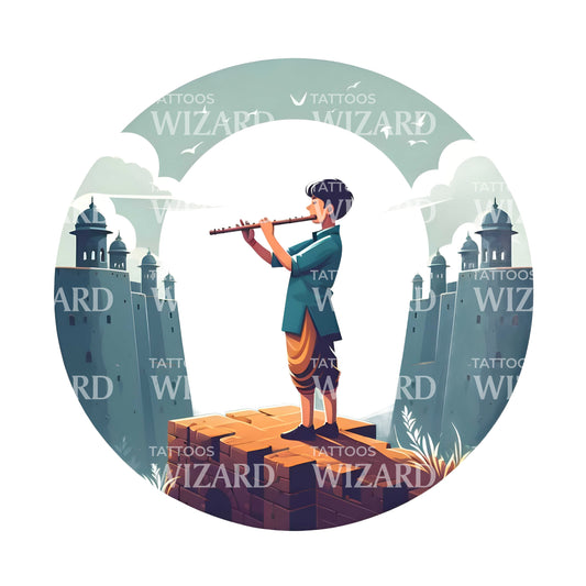 An Indian Boy Playing Flute Tattoo Idea