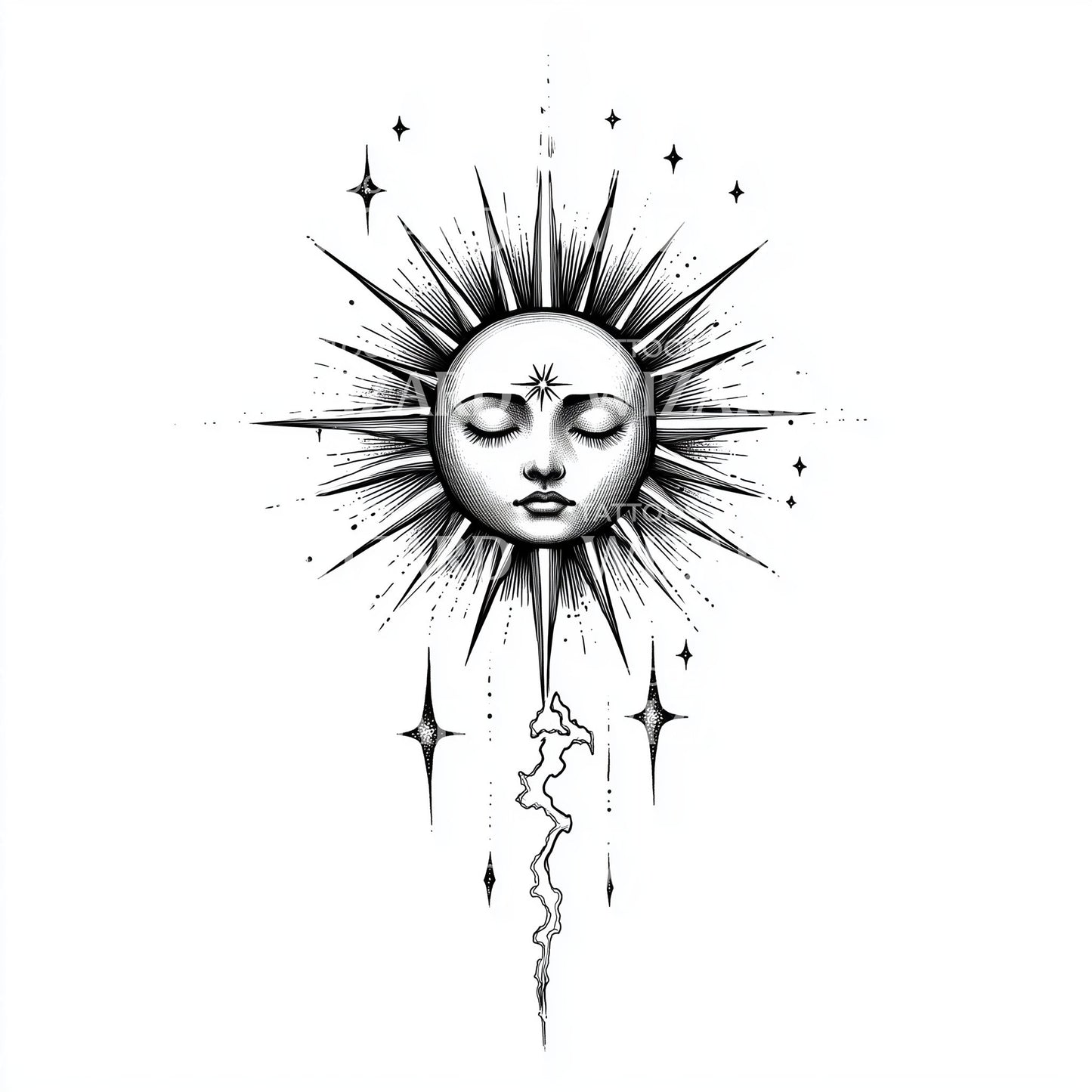 Celestial Sun with Mystical Face Tattoo Design