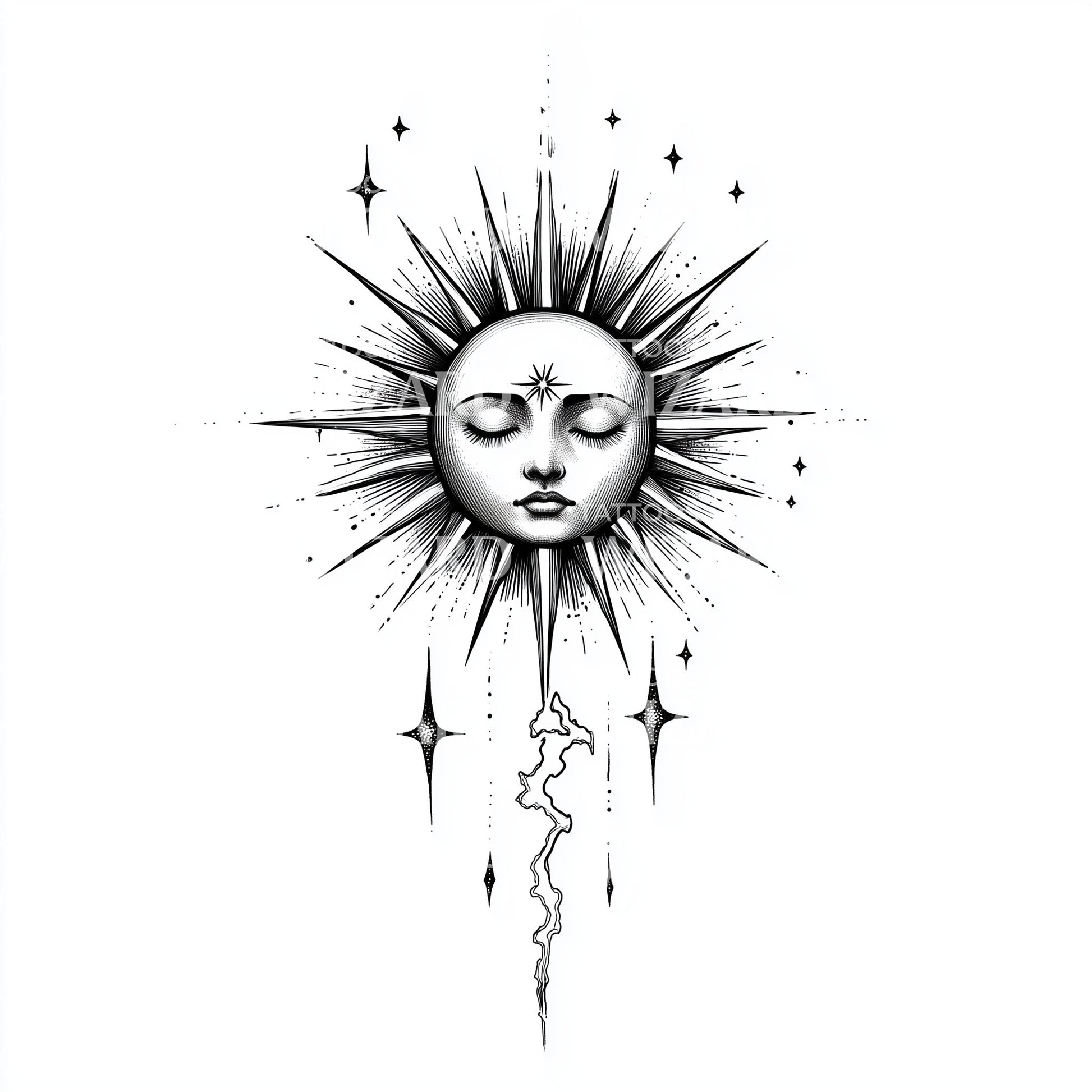 Celestial Sun with Mystical Face Tattoo Design