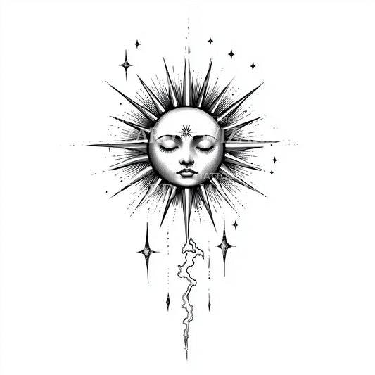Celestial Sun with Mystical Face Tattoo Design