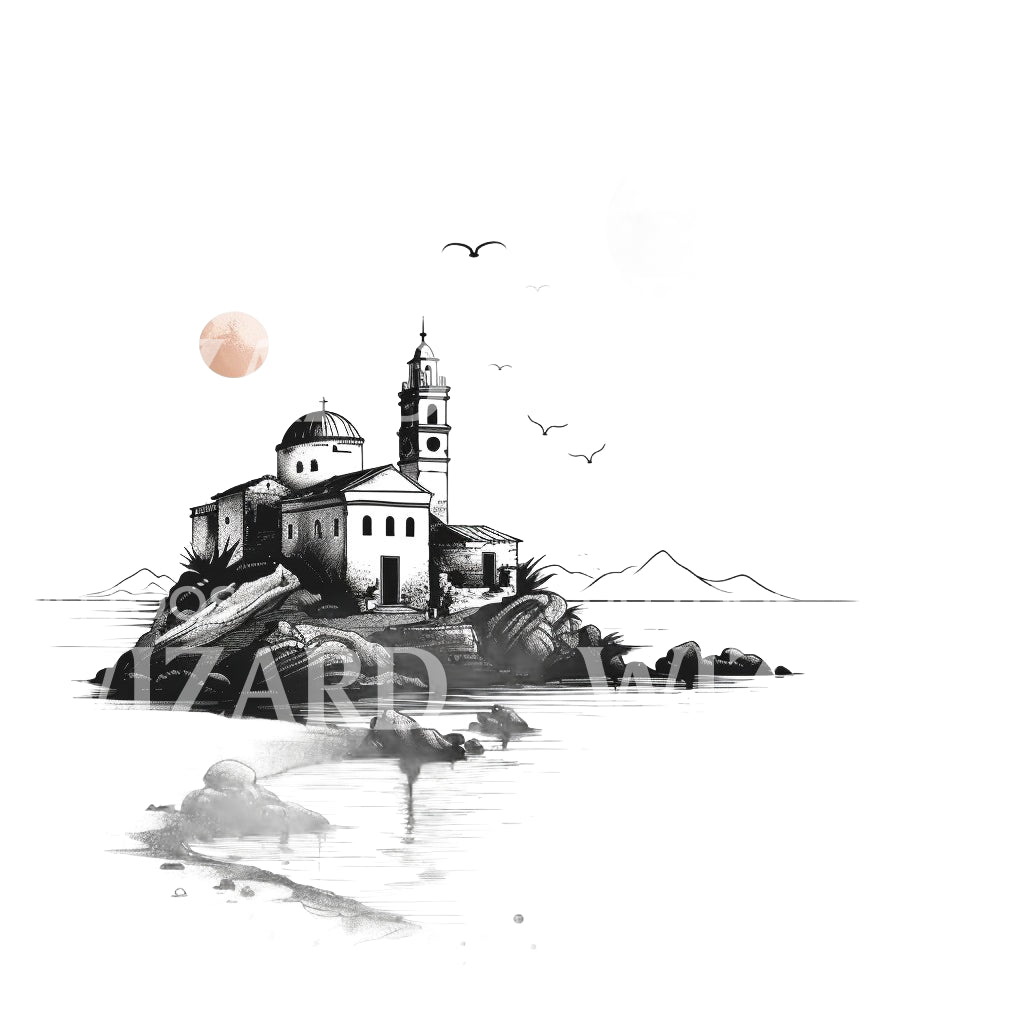 Dreamy Minimalist Greek Island Tattoo Design