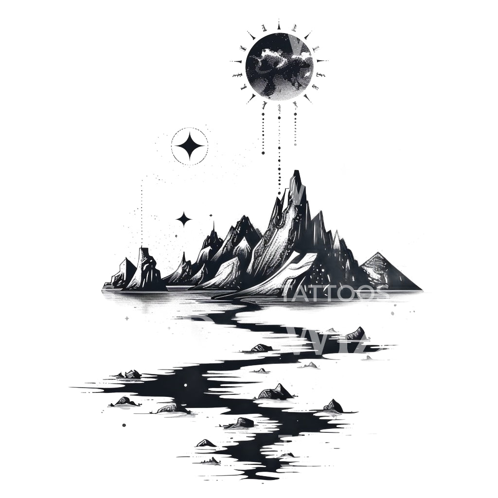 Dreamy Mountain Dotwork Tattoo Design