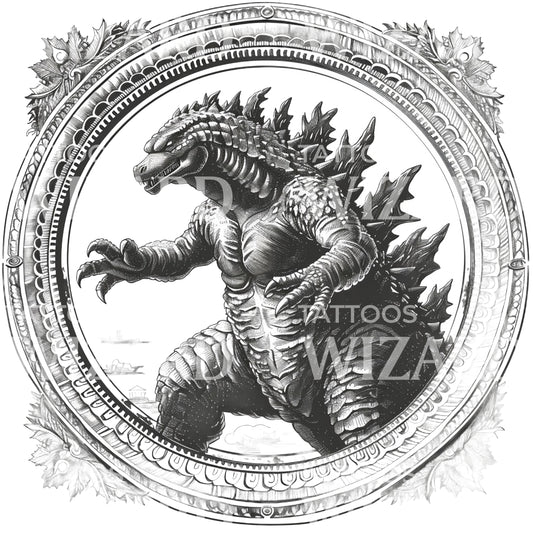 Godzilla In Vintage Fancy Frame Tattoo Design
