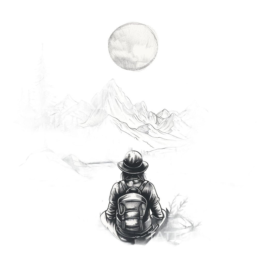 Lake Hike Explorer Tattoo Design