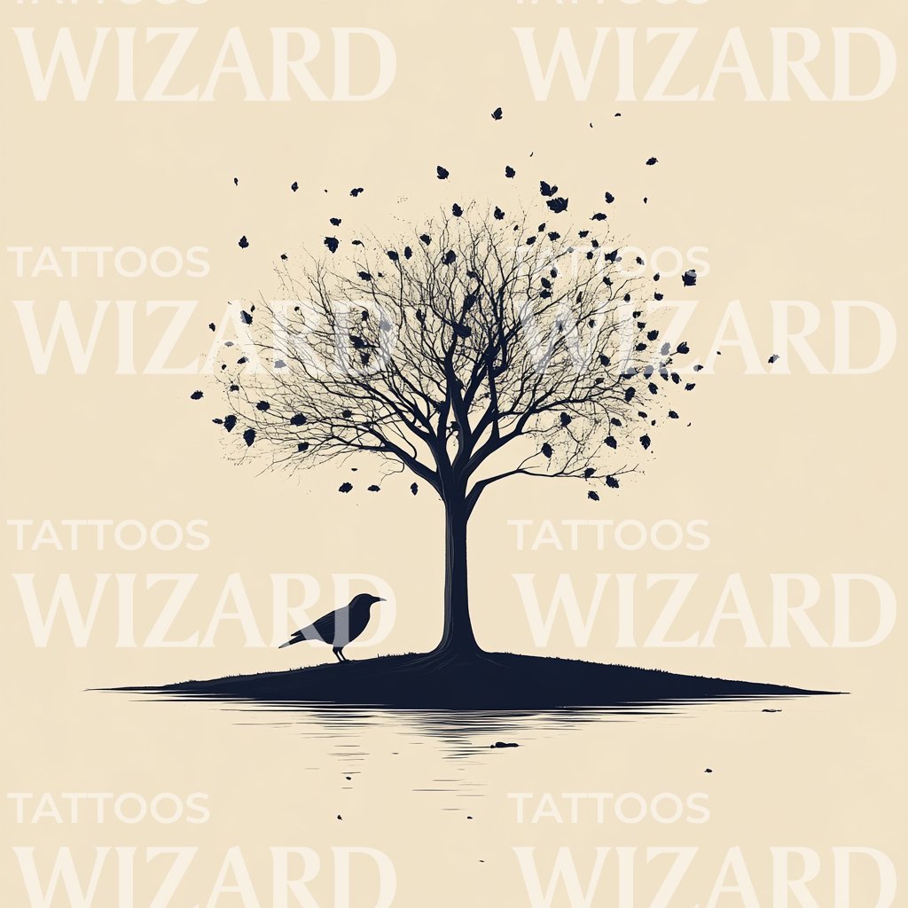 Minimalist Tree with Falling Leaves Tattoo Design