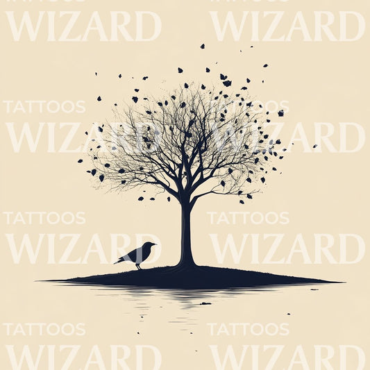 Minimalist Tree with Falling Leaves Tattoo Design