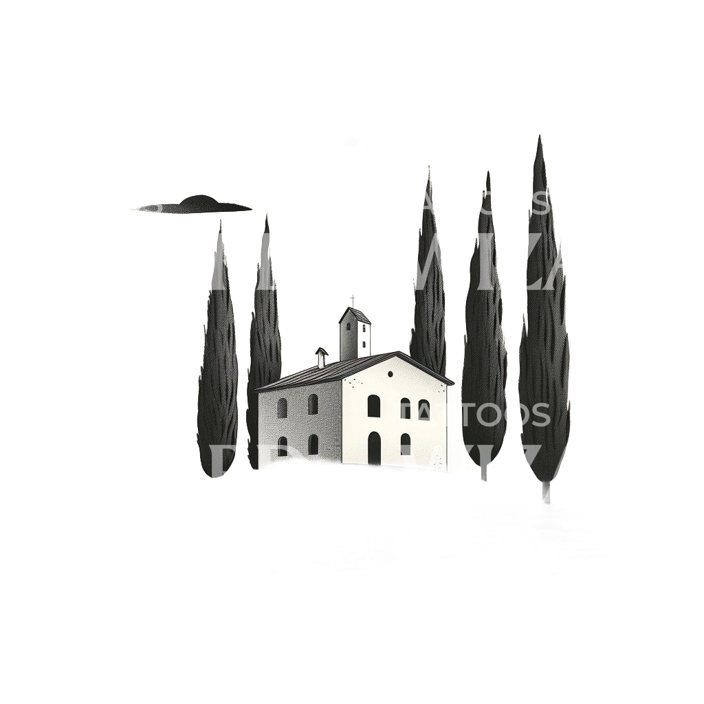 Minimalist Tuscany Church Tattoo Design