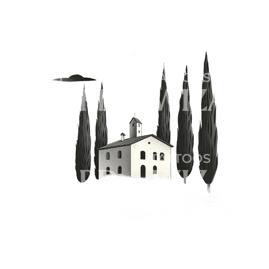 Minimalist Tuscany Church Tattoo Design