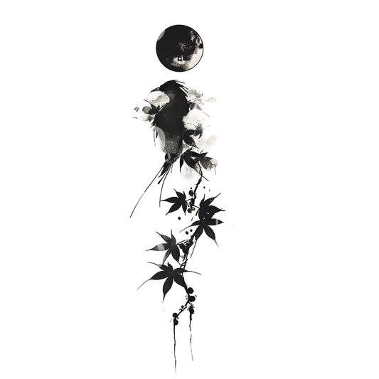 Mystic Bird and Maple Chinese Ink Tattoo Design