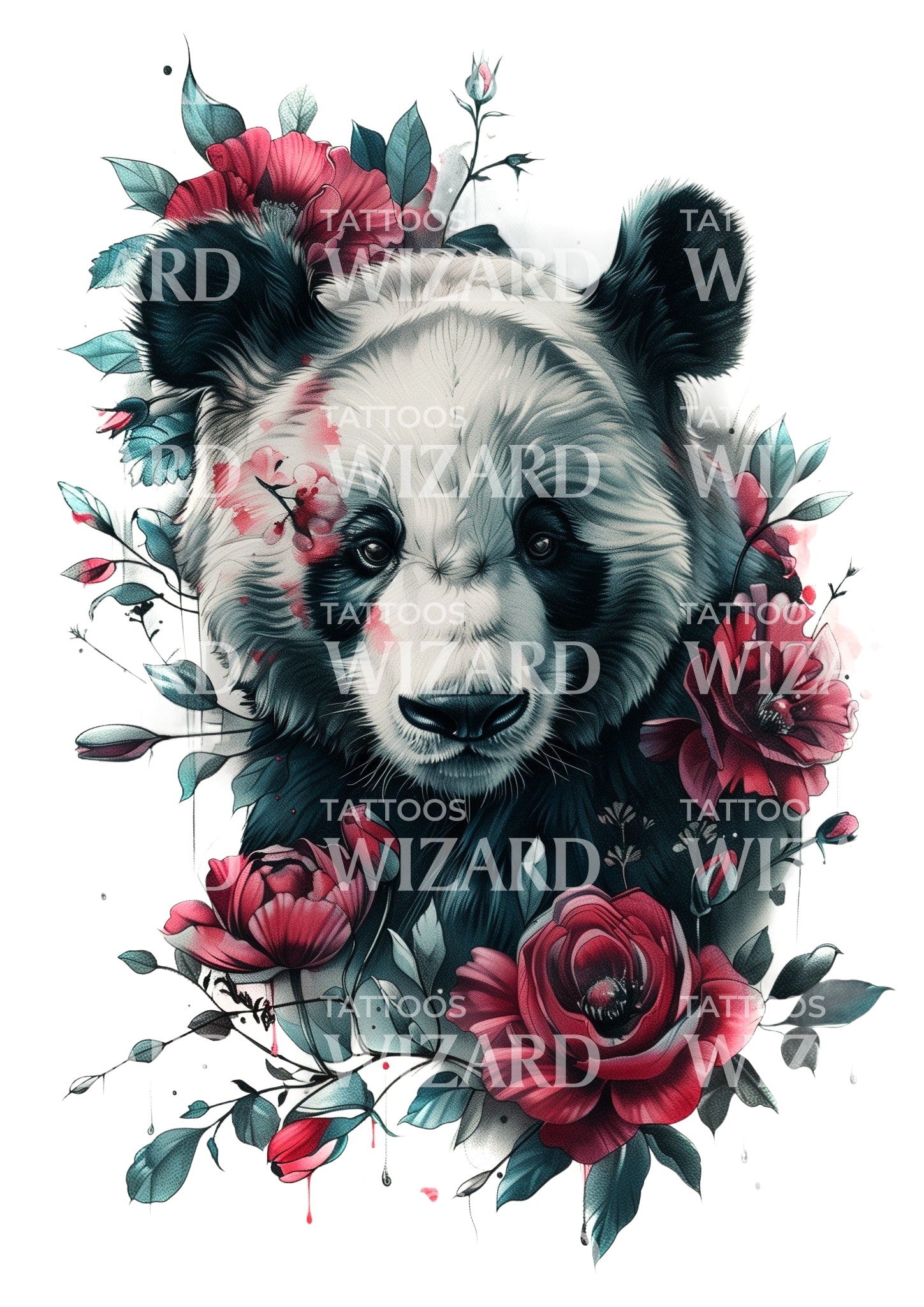 Panda With Roses and Peonies Tattoo Idea