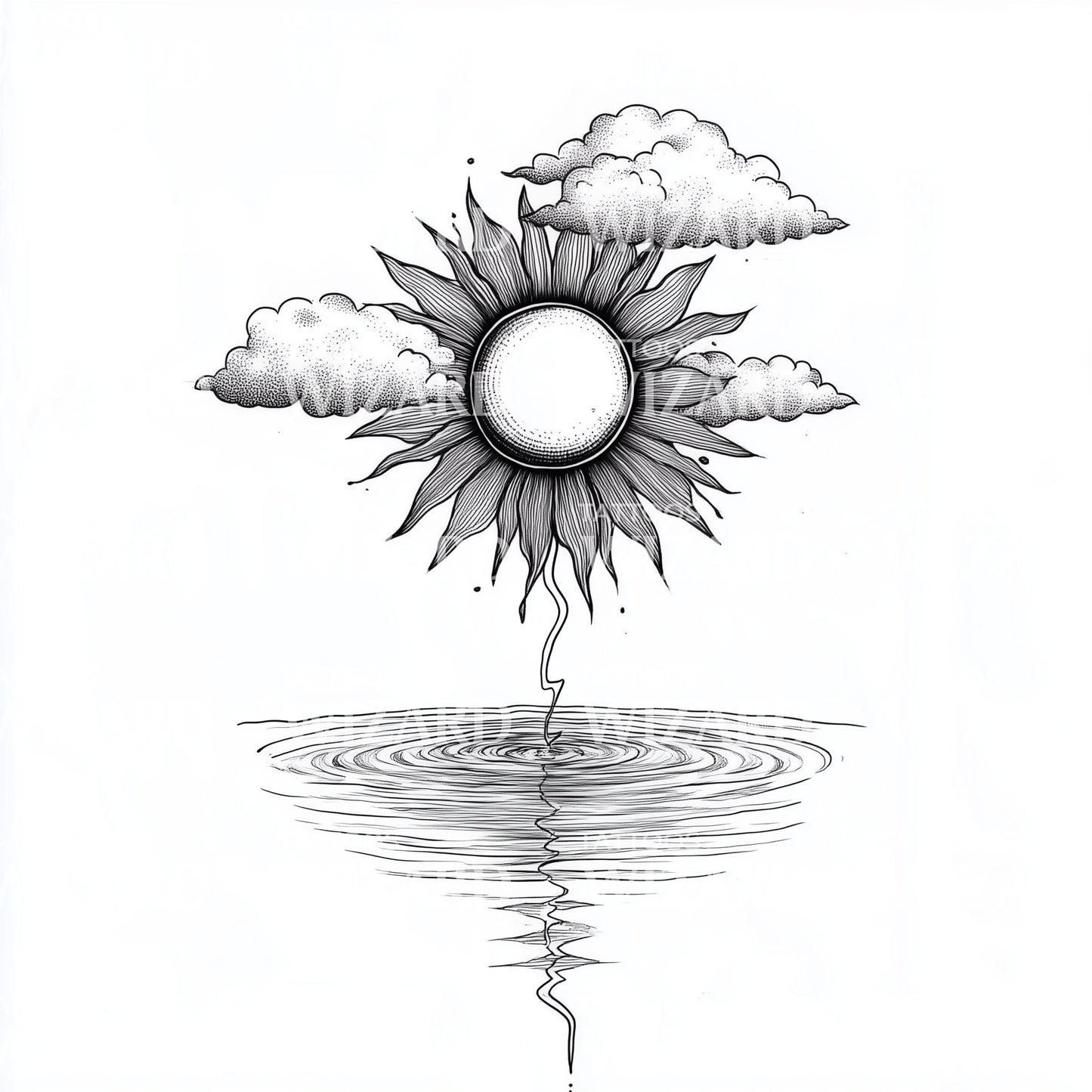 Sun and Clouds Reflecting on Water Tattoo Design