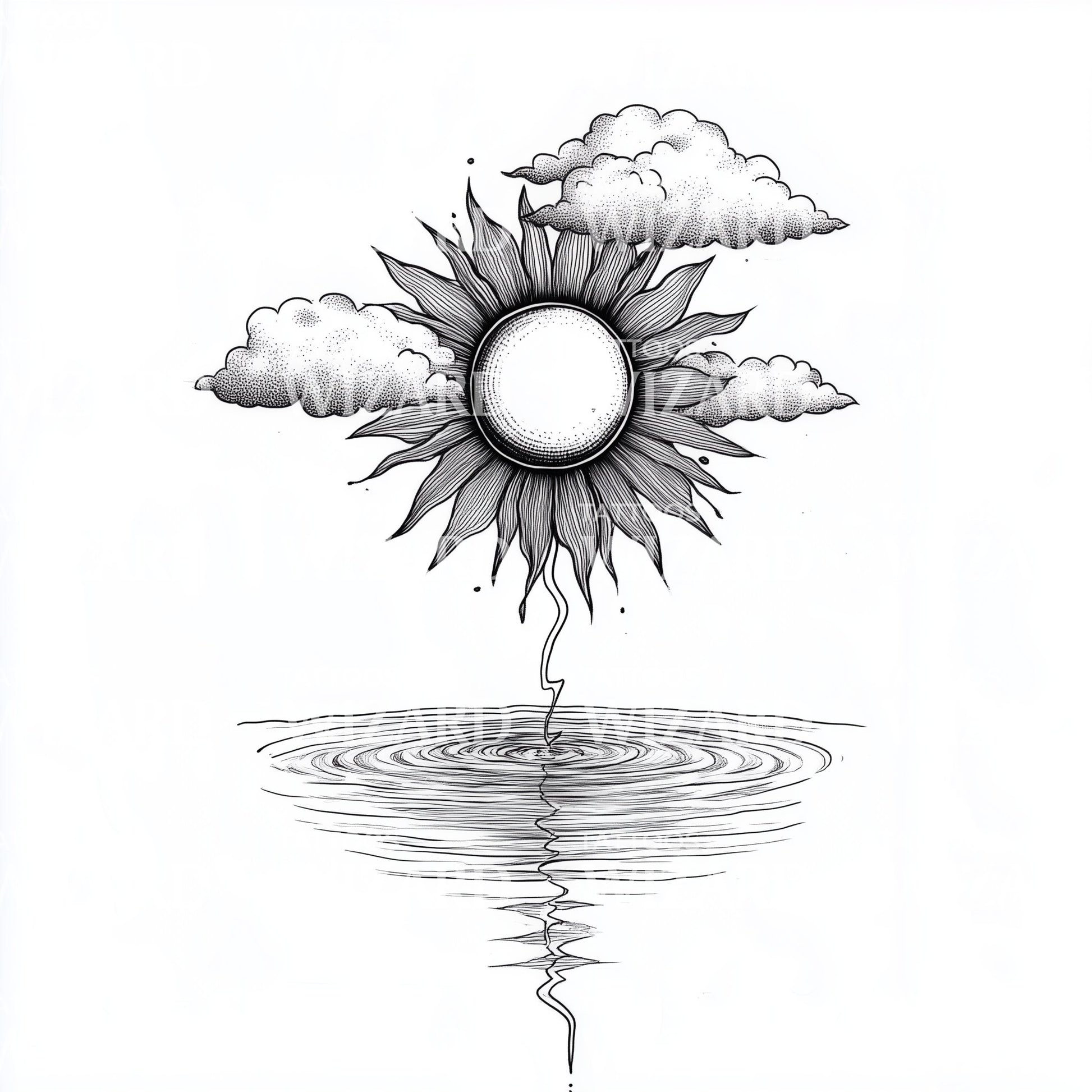 Sun and Clouds Reflecting on Water Tattoo Design