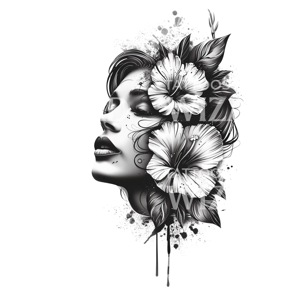 Tropical Woman with Hibiscus Tattoo Design