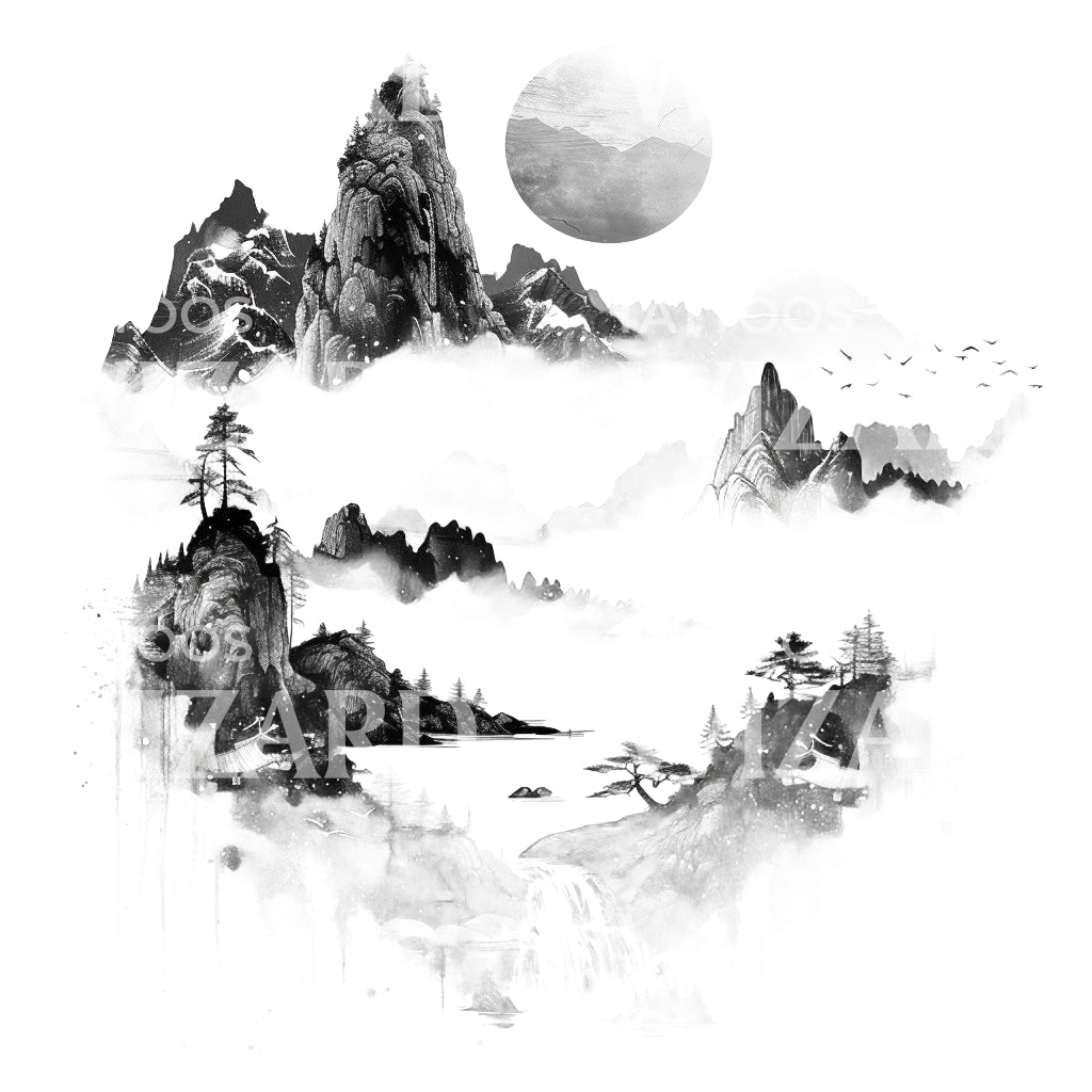 Vintage Chinese Ink Landscape Tattoo Design