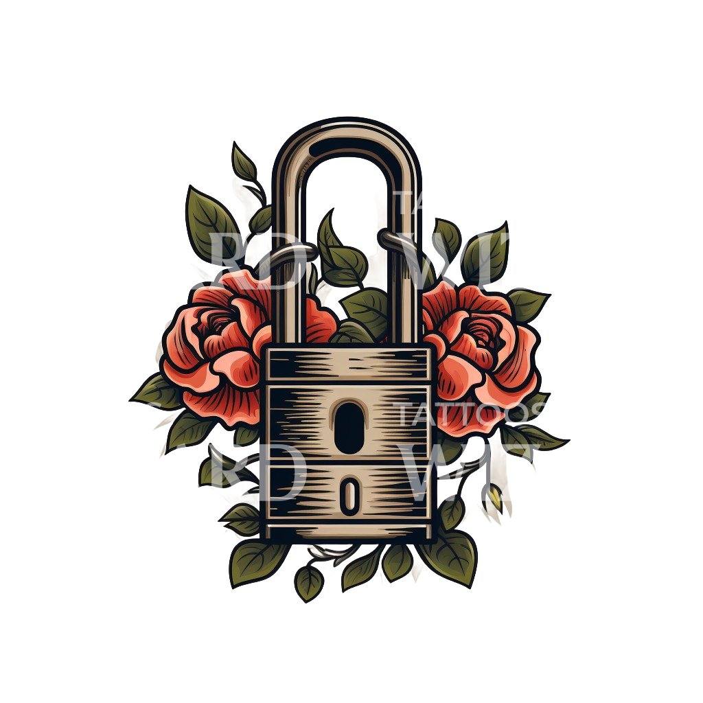 Lock and Roses Old School Tattoo Design