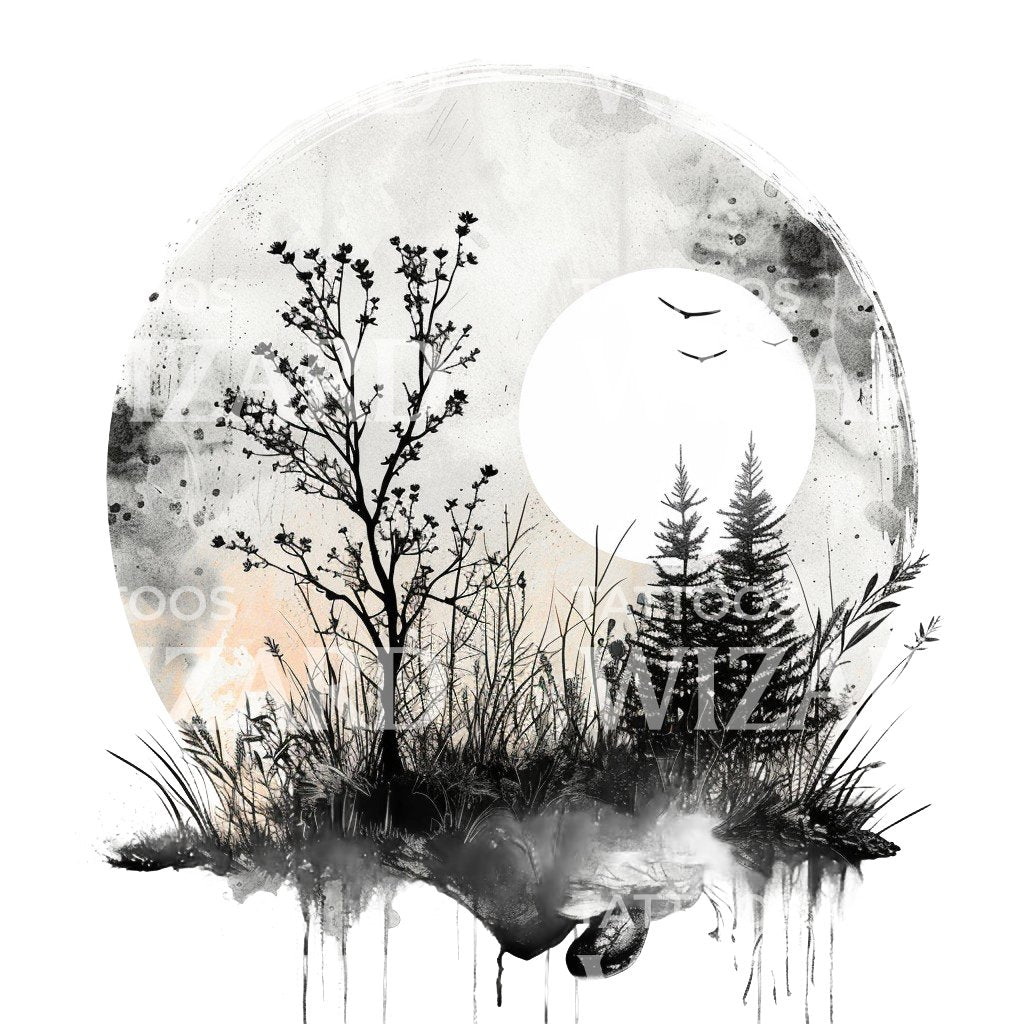 Dark Watercolor Landscape Tattoo Design