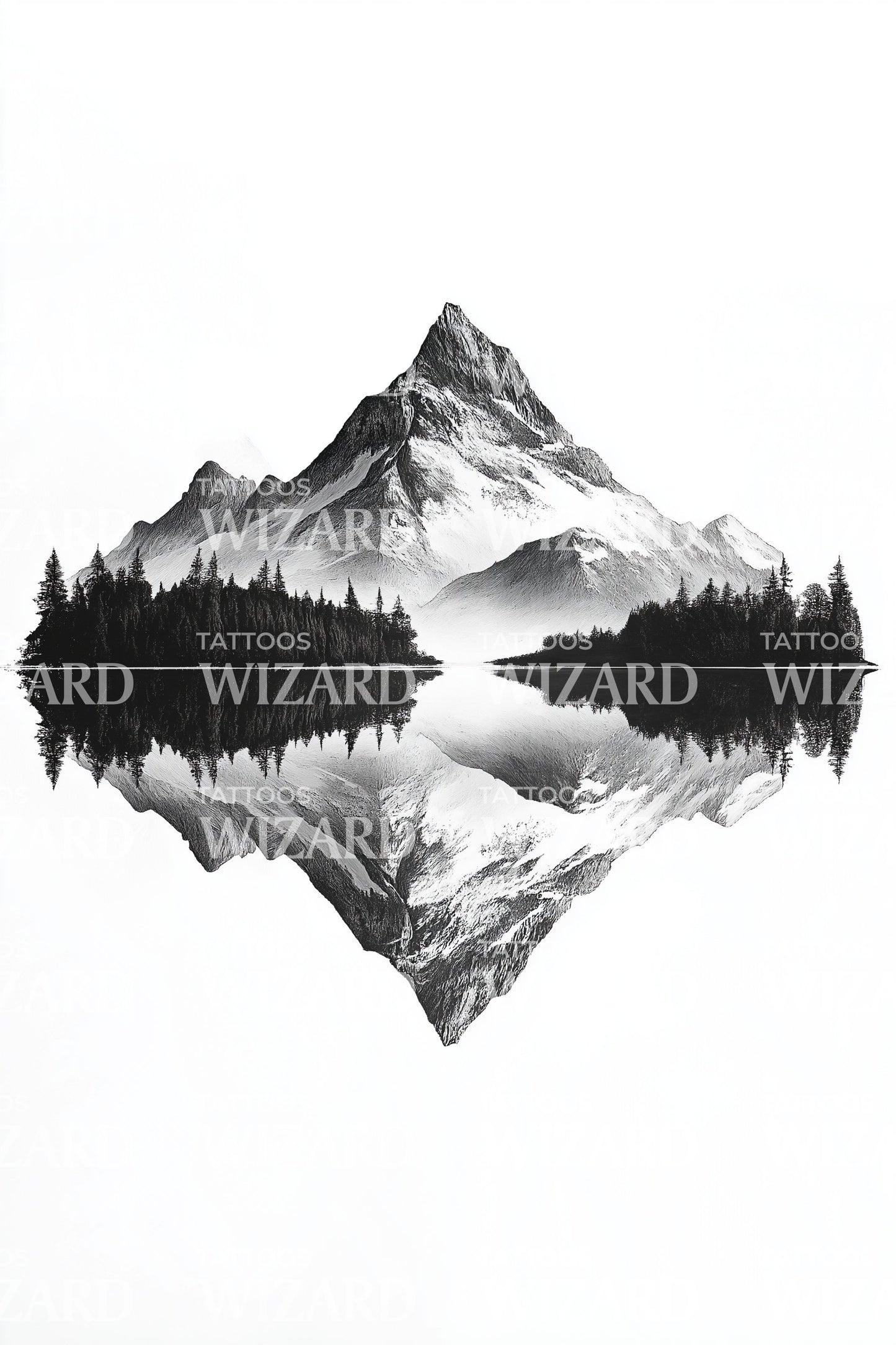 Alpine Lake Mirror Mountain Tattoo Illustration