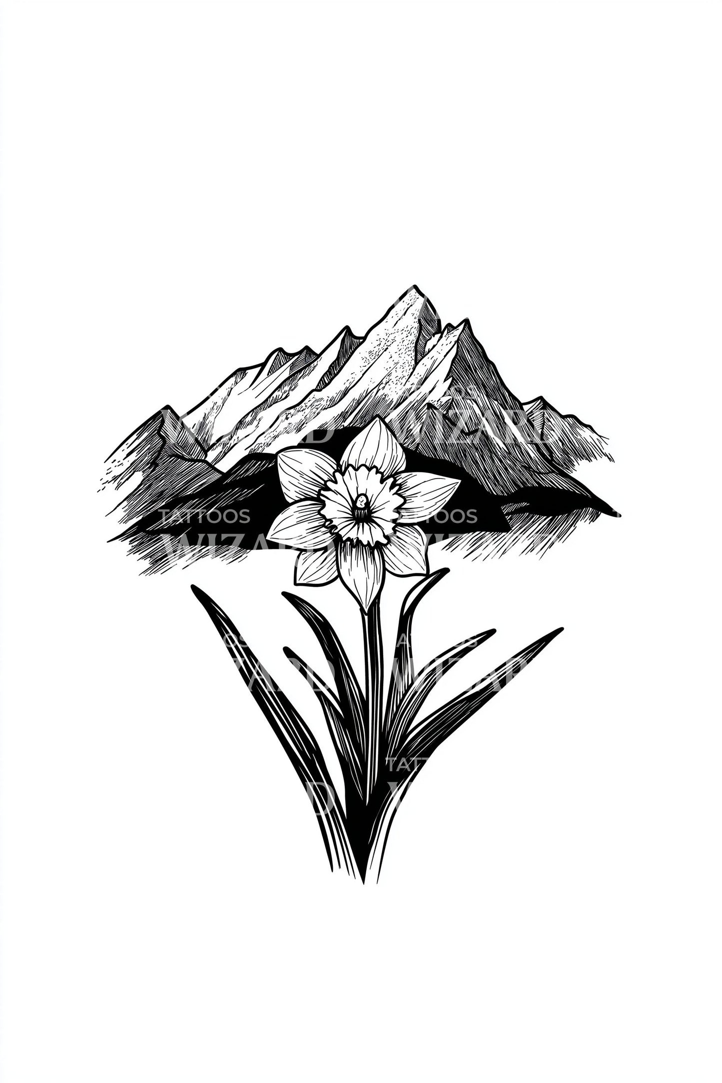 高山风景水仙花纹身设计