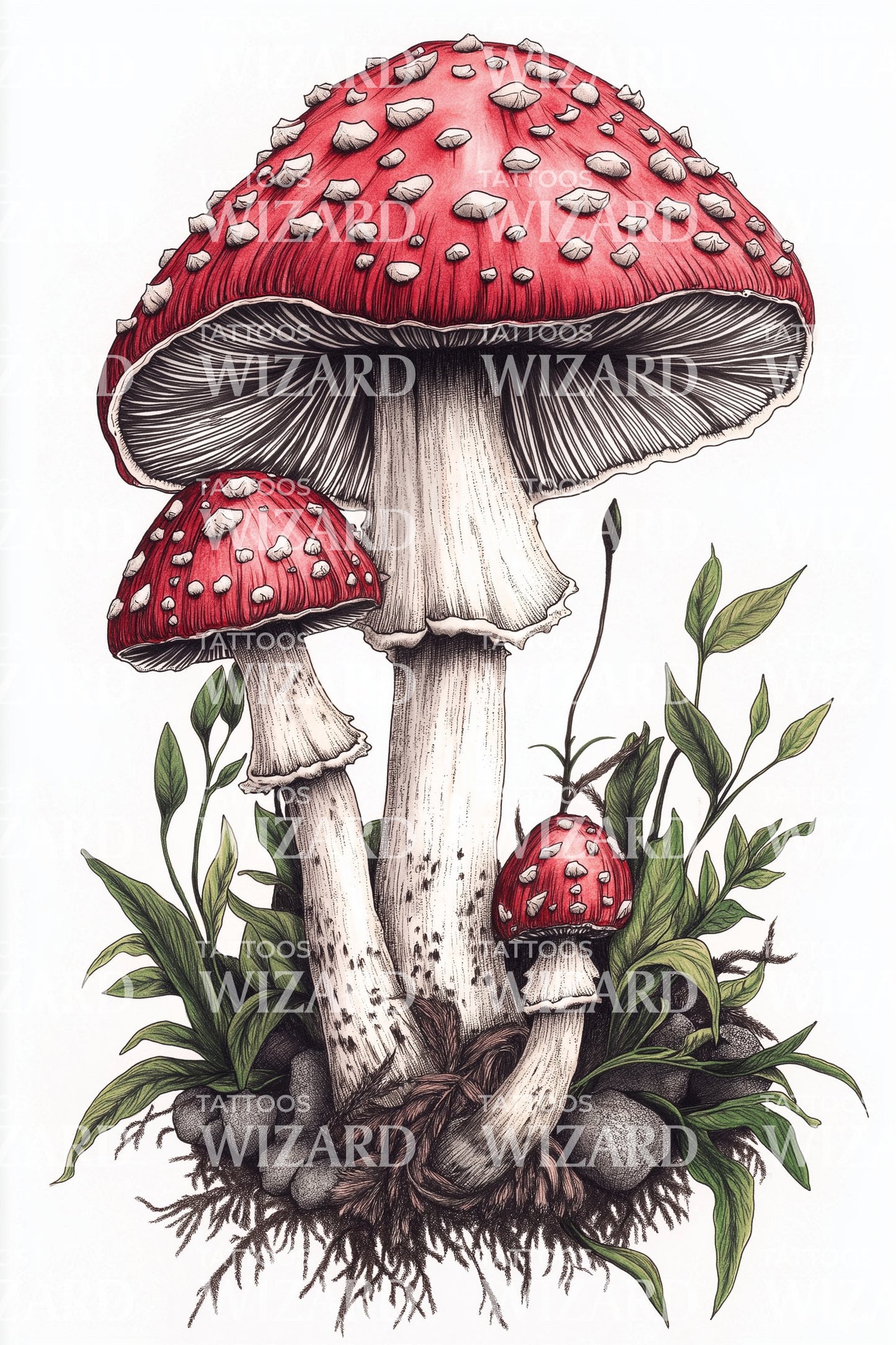 Amanita Mushroom Cluster Tattoo Illustration
