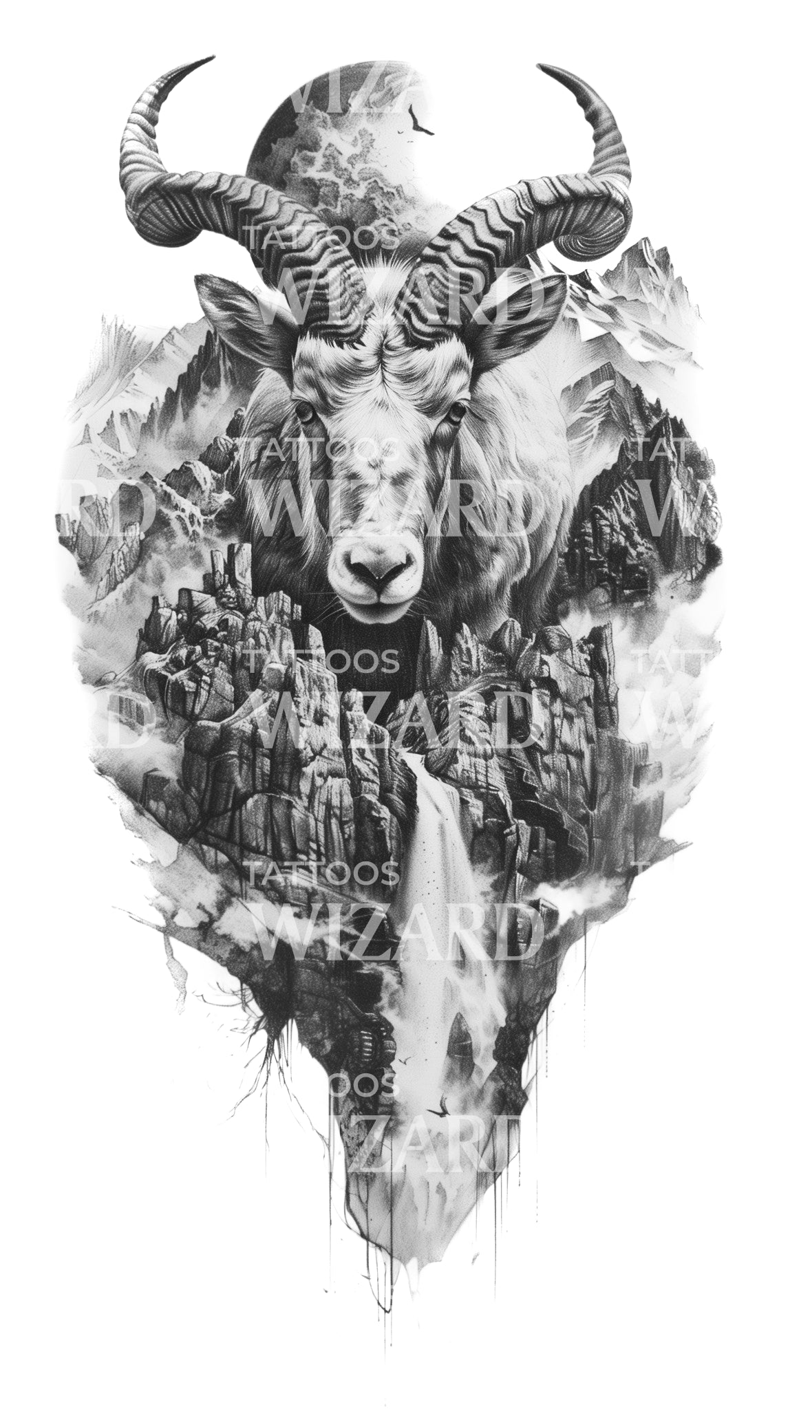 Amazing Goat with Nature Scenario Tattoo Design