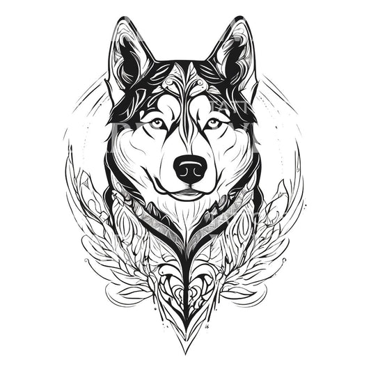 Siberian Husky Dog Head with Floral Patterns Tattoo Design