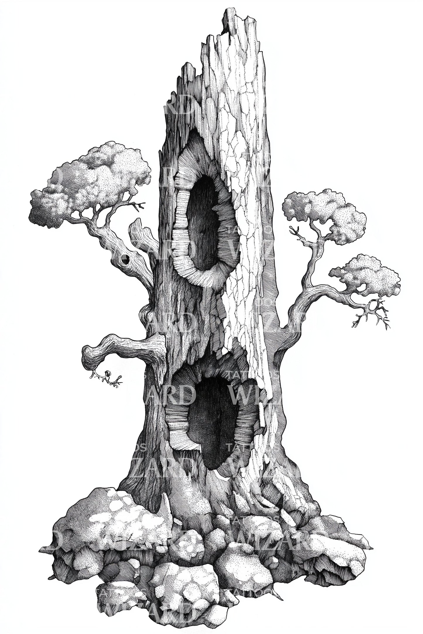Ancient Hollow Tree Tattoo Design