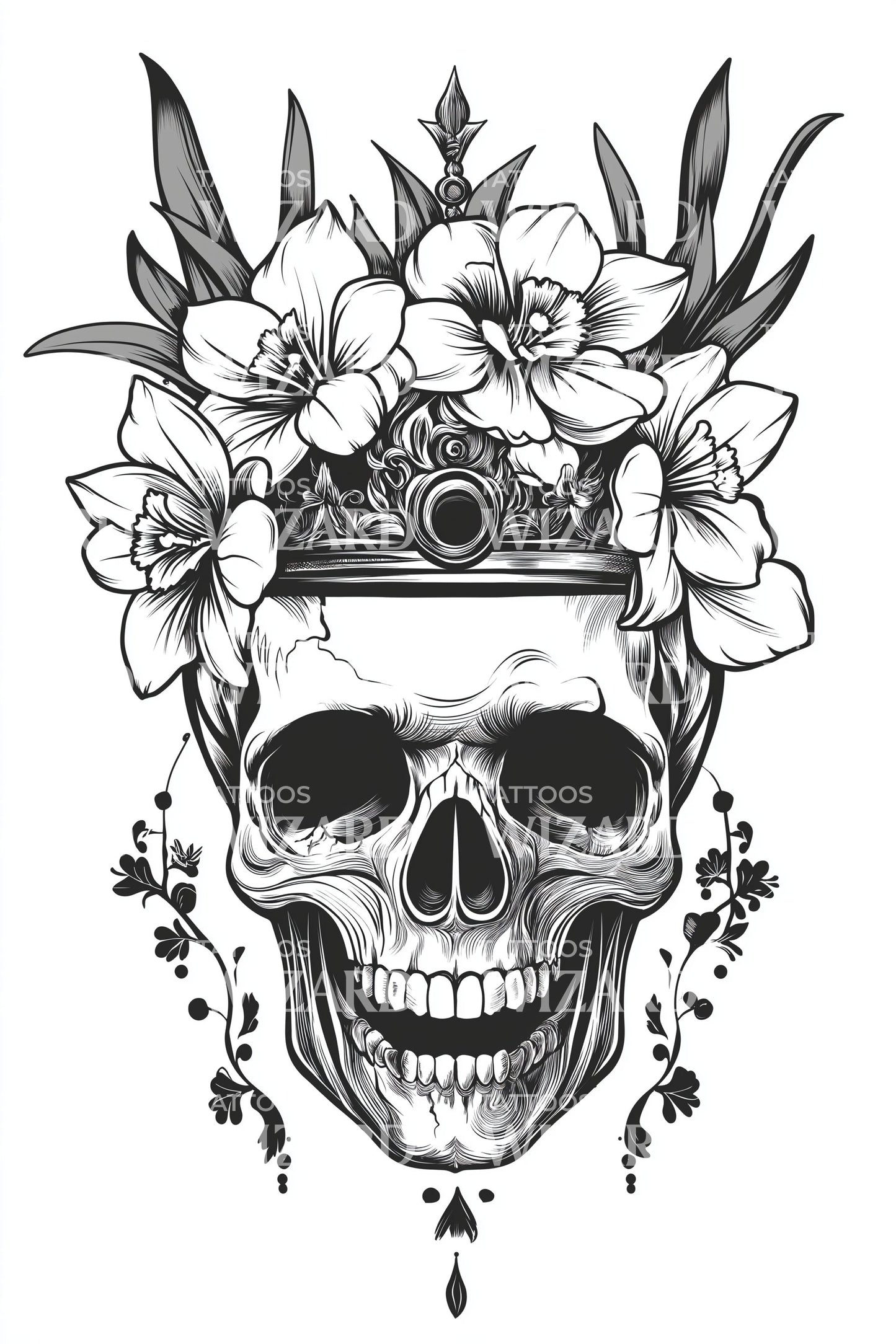 Design de Tatuagem de Coroa de Narciso com Crânio de Galhada