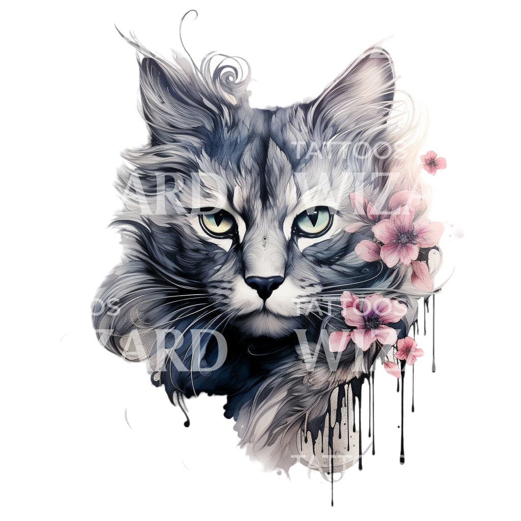 Illustrative Cat Portrait with Flowers Tattoo Design