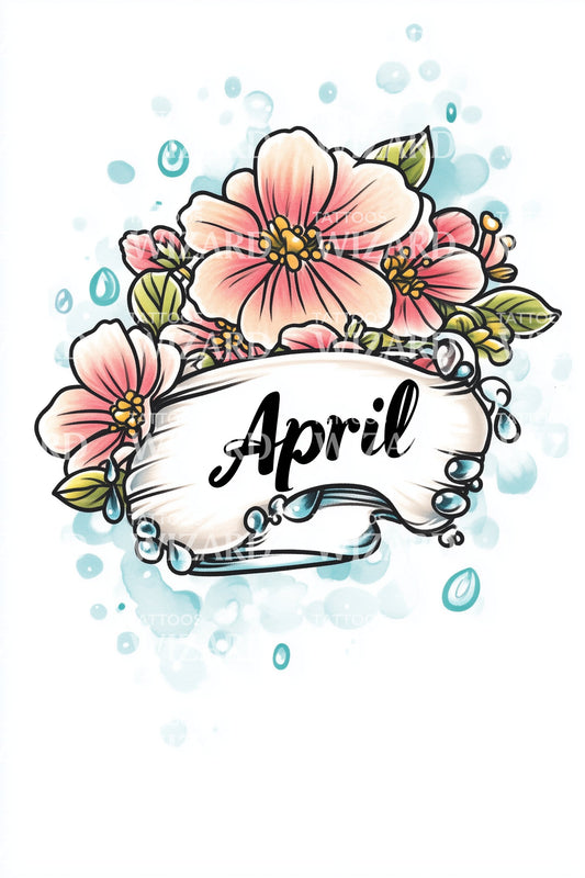 April Blossoms with Raindrops Tattoo Illustration