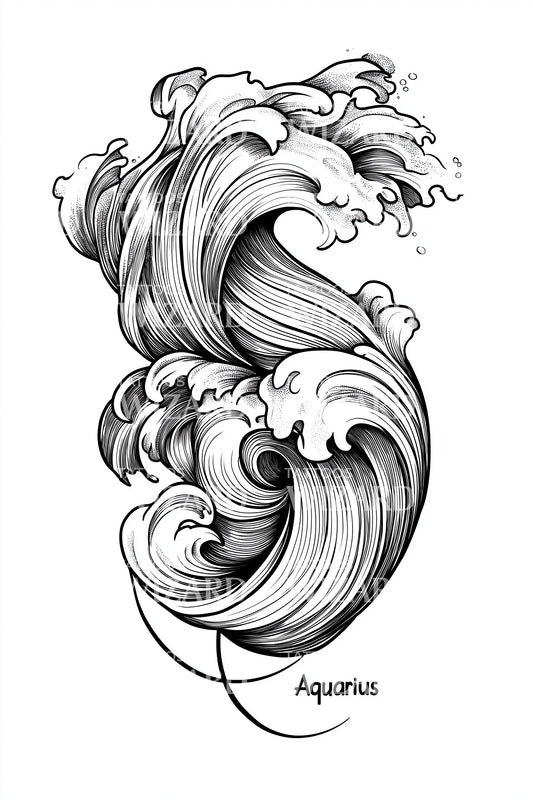 Aquarius Rising Wave Tattoo Illustration
