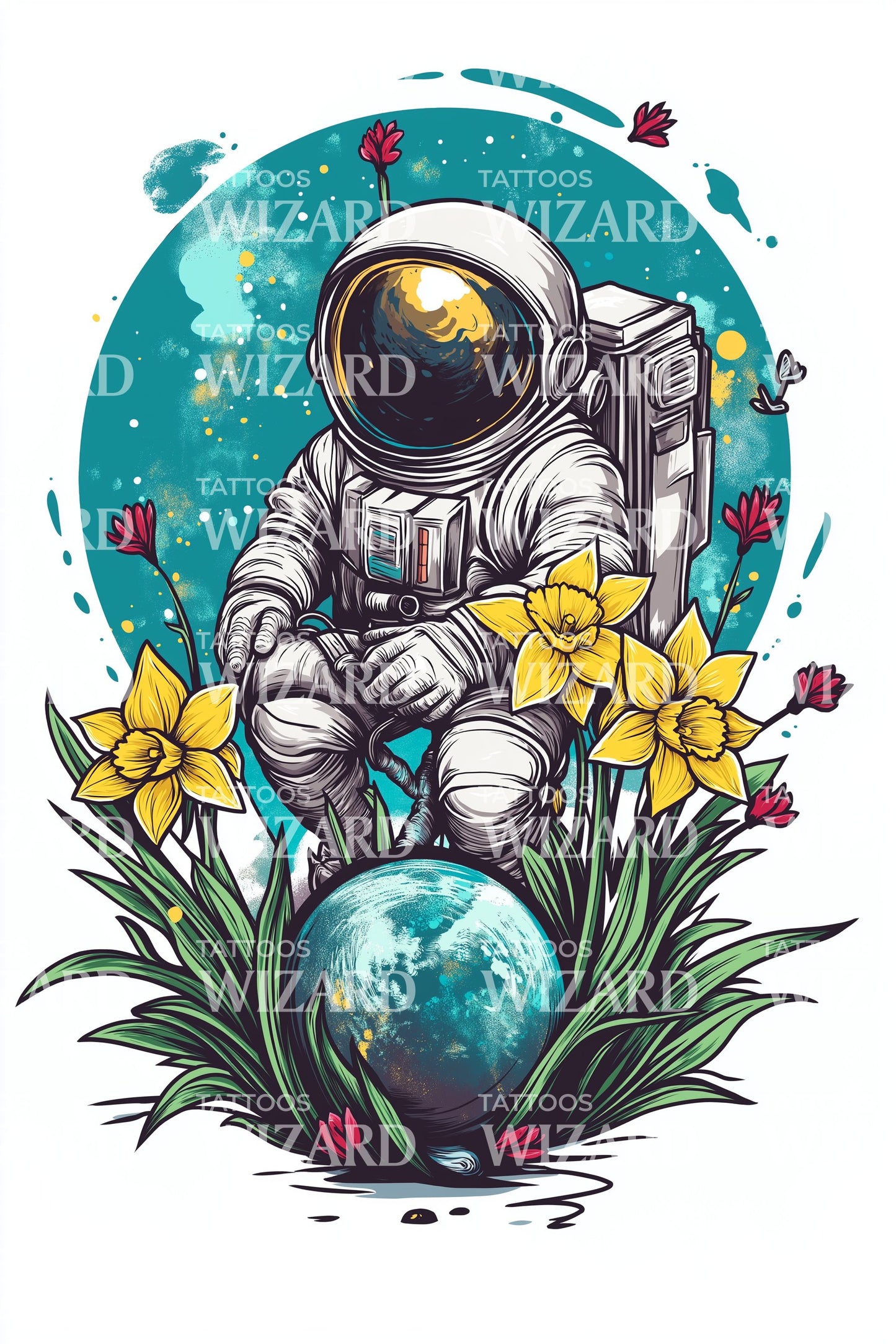 Astronaut Daffodil Dream Tattoo Illustration