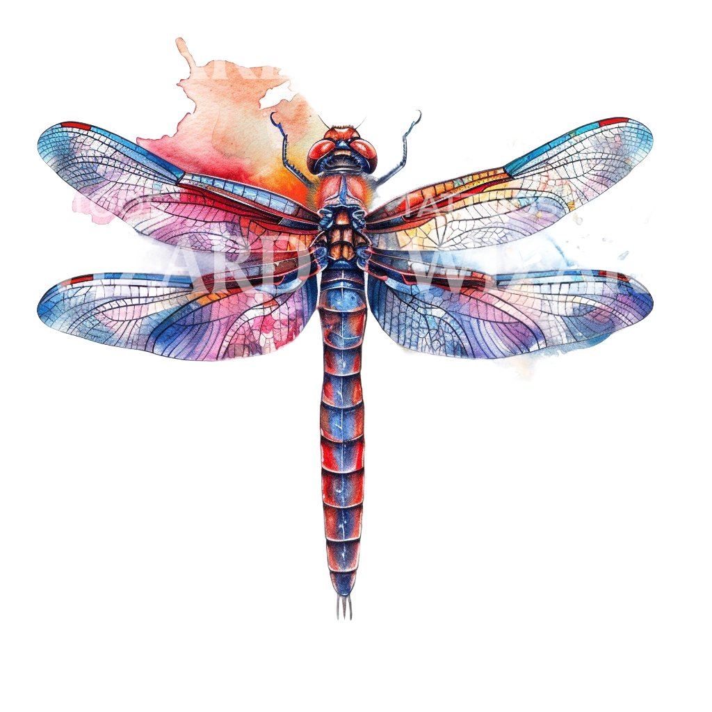 Bright Colorful Watercolor Dragonfly Tattoo Design