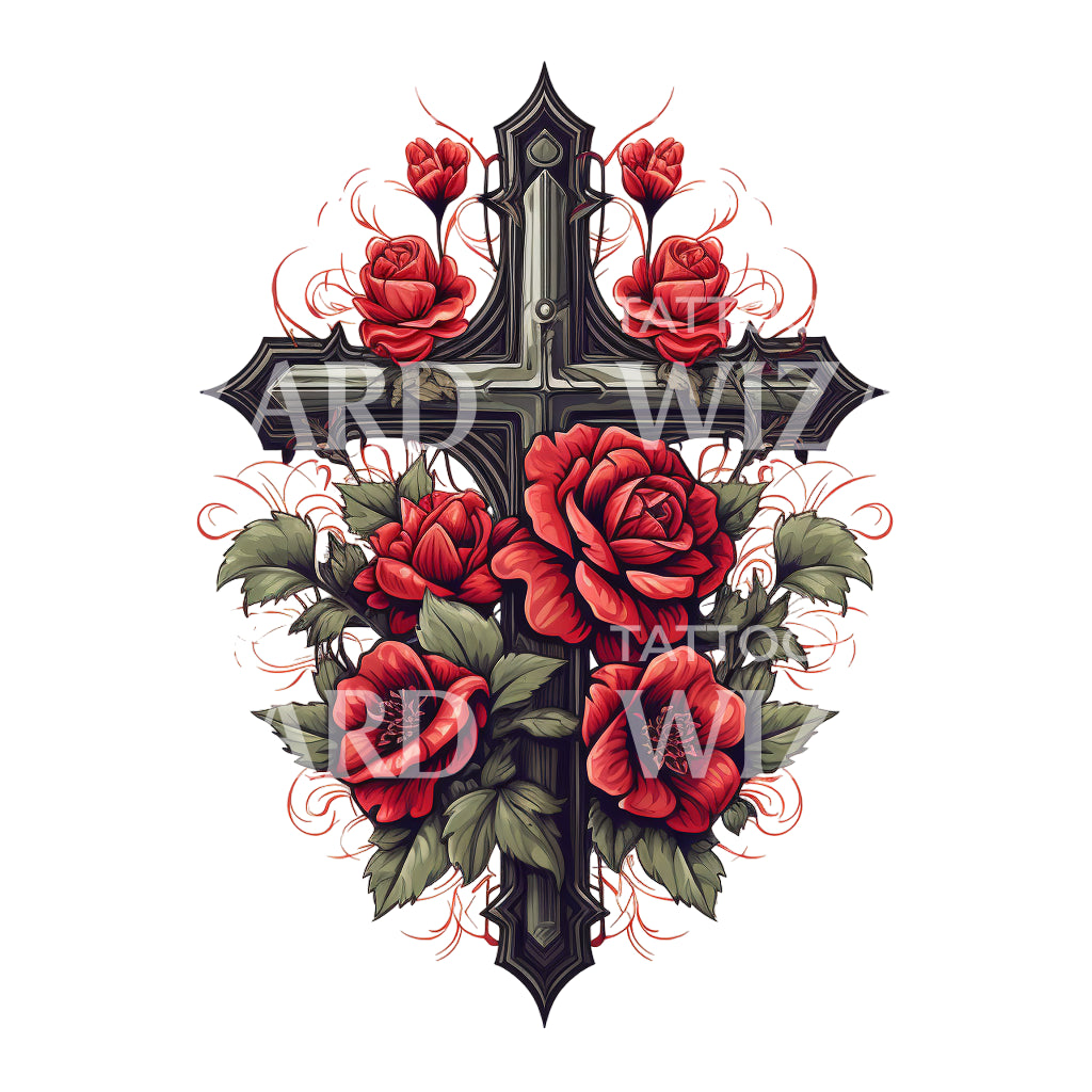 Old School Cross with Roses Tattoo Design