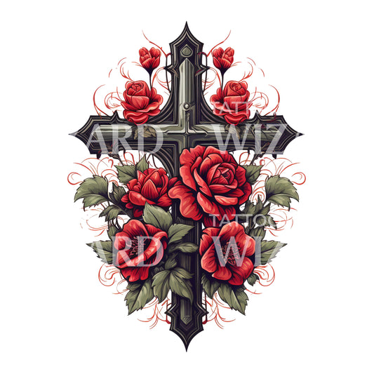 Old School Cross with Roses Tattoo Design