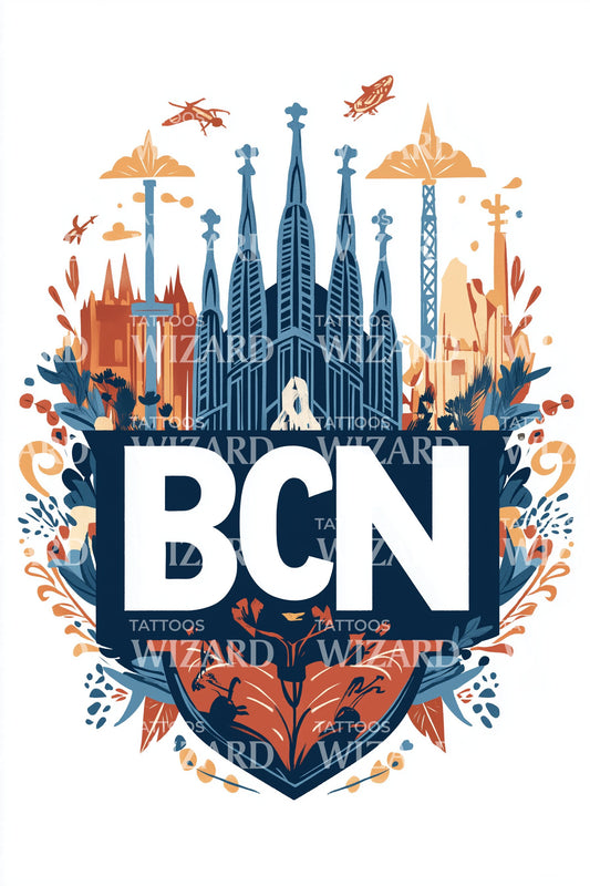 Barcelona BCN Gaudi Crest Tattoo Design