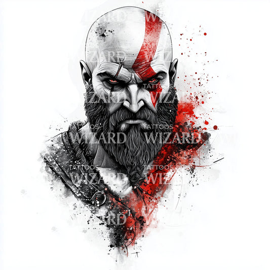 Idée de tatouage en dotwork de Kratos aguerri au combat
