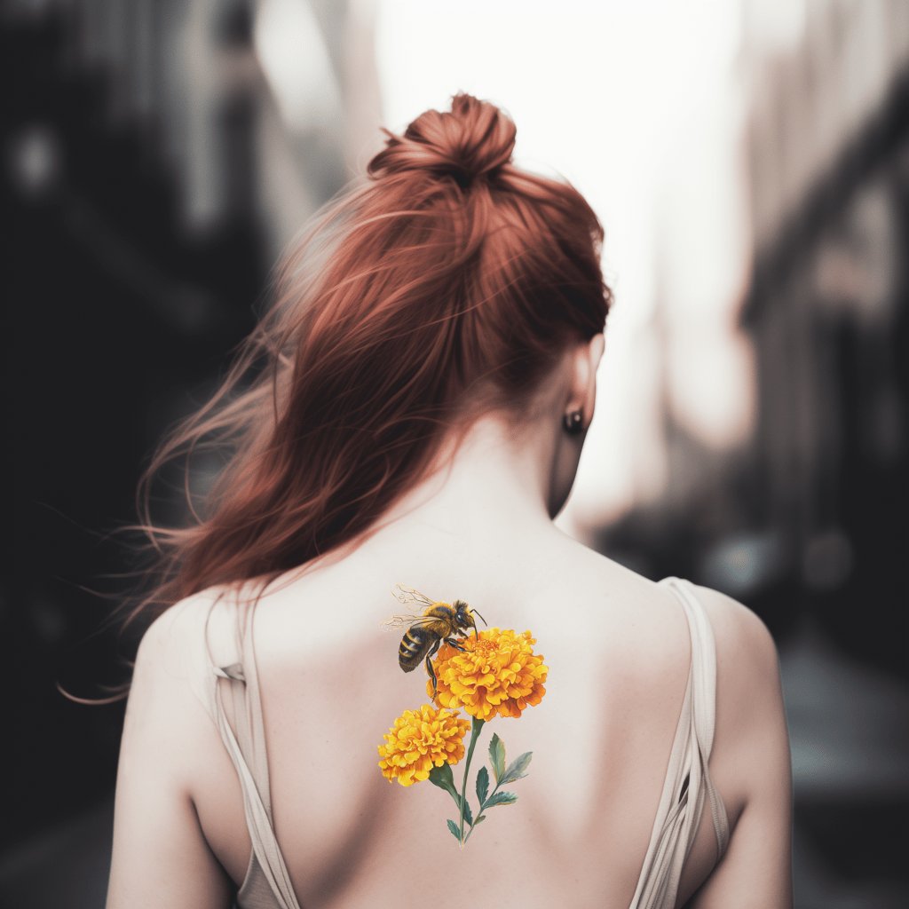 Desenho de Tatuagem de Abelha e Calêndula